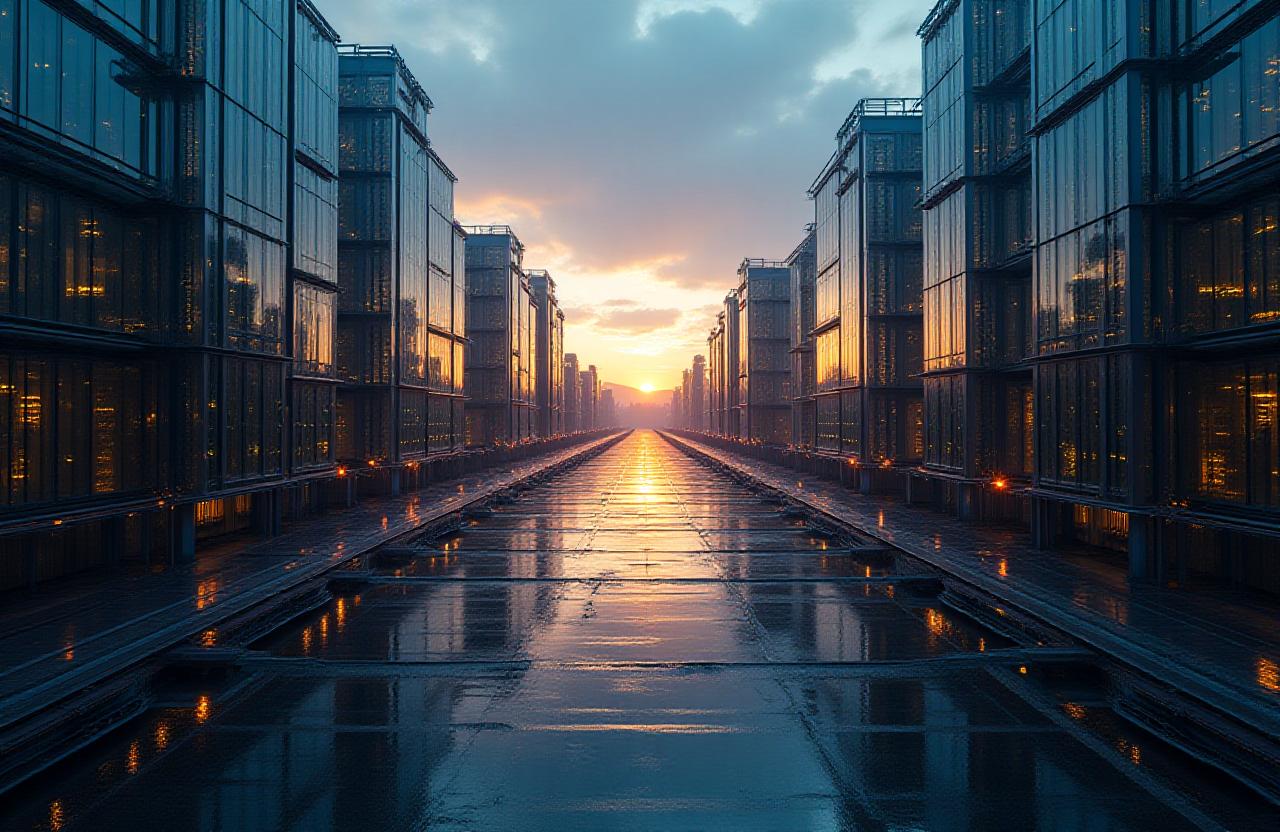 Modern industrial complex at dusk with sleek architectural lines